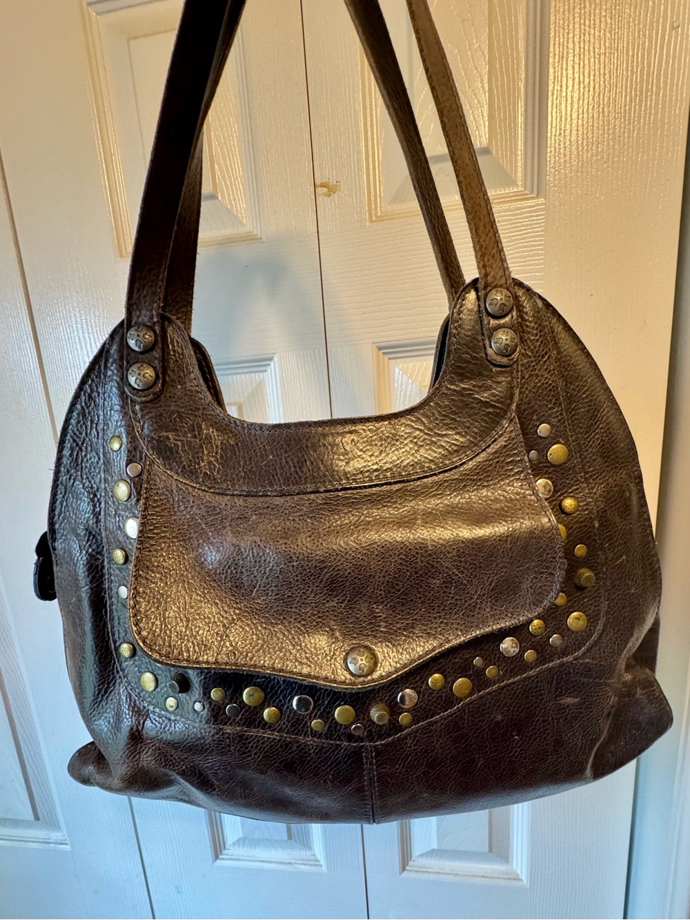 Patricia Nash Dark Brown Leather Shoulder Bag with Stud Accents
